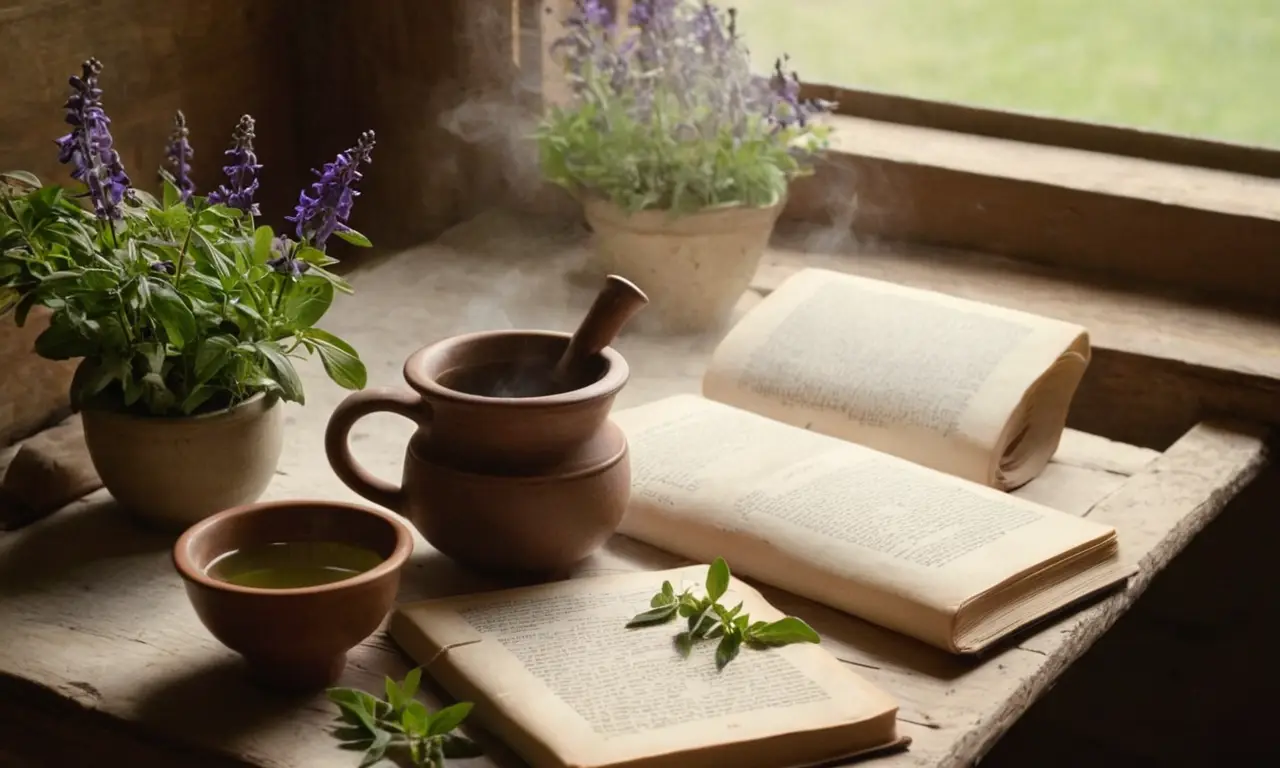 Una escena serena de bienestar y preparación de té con salvia