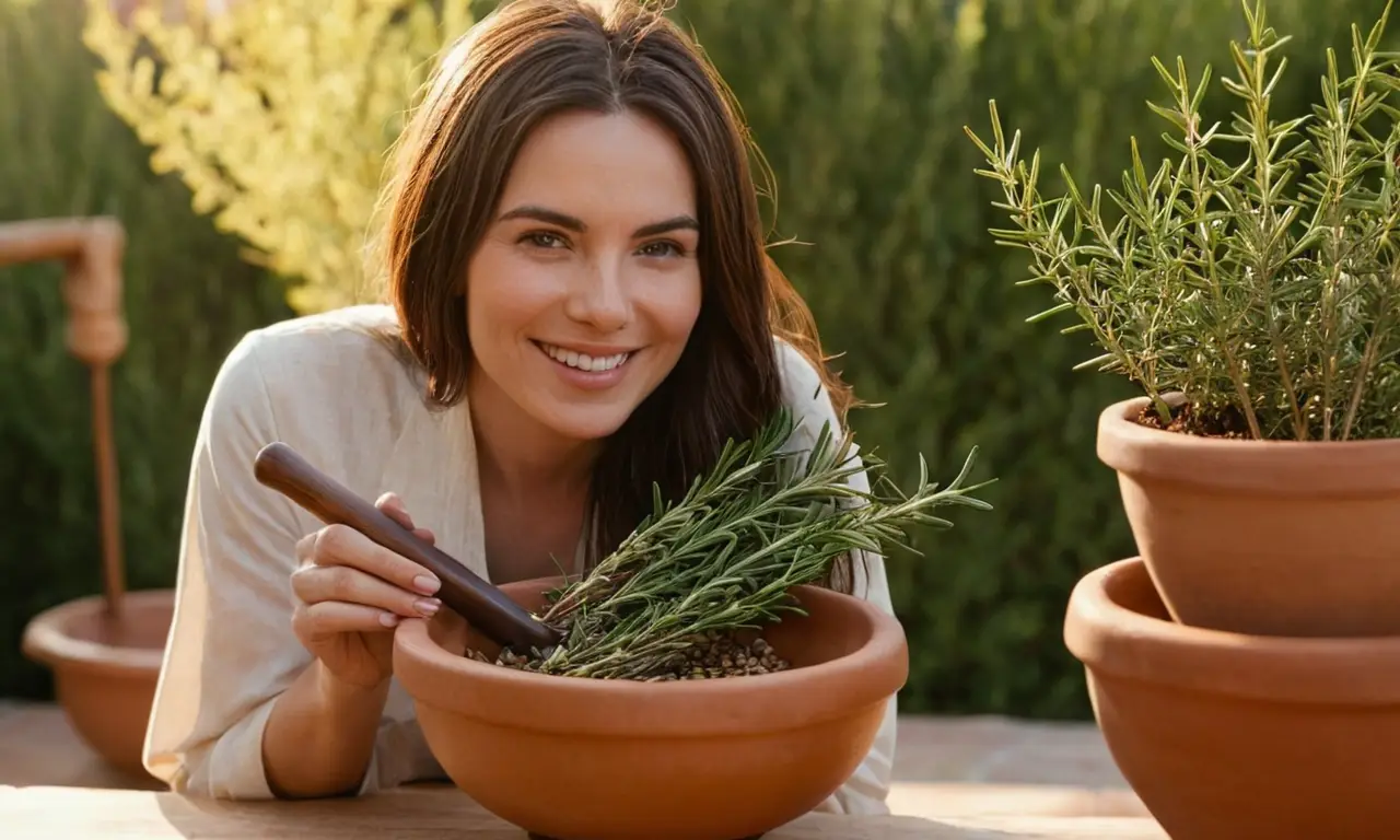 Una mujer sonriente prepara un aceite de romero en su jardín soleado