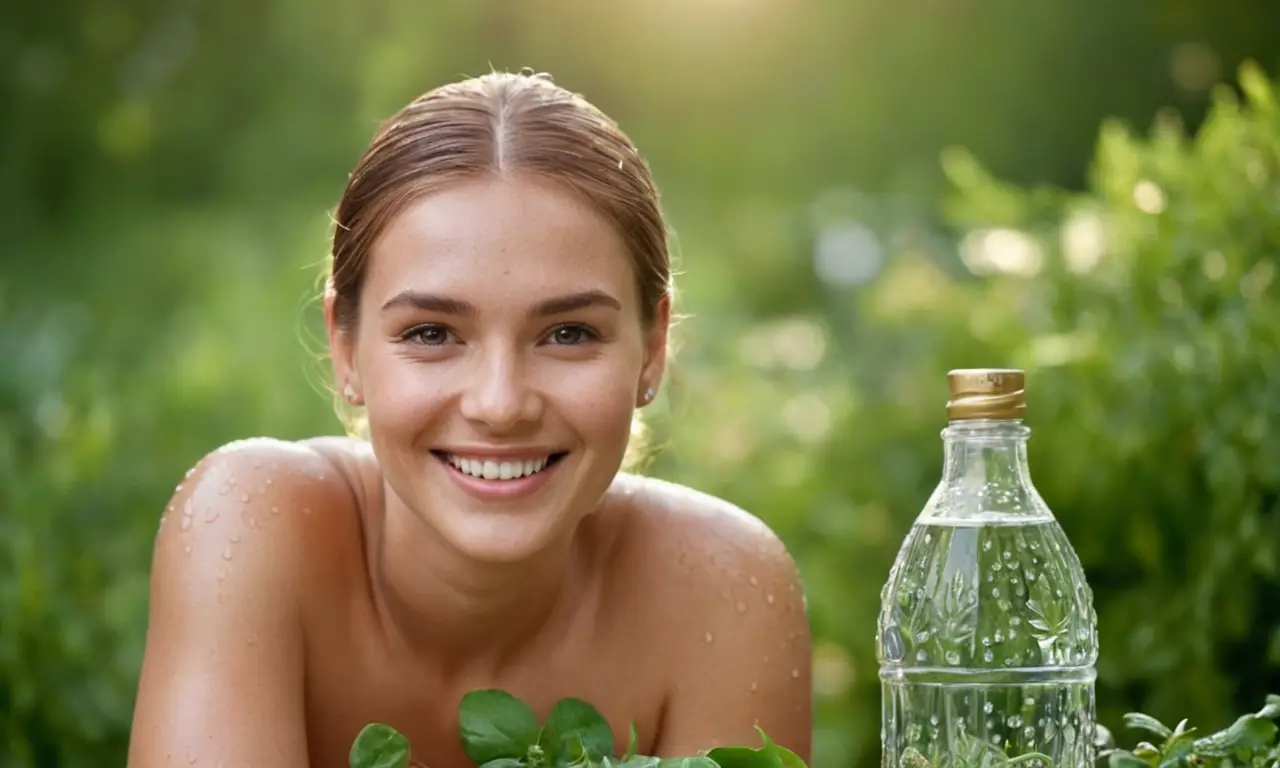 Una mujer radiante disfruta de un tónico natural
