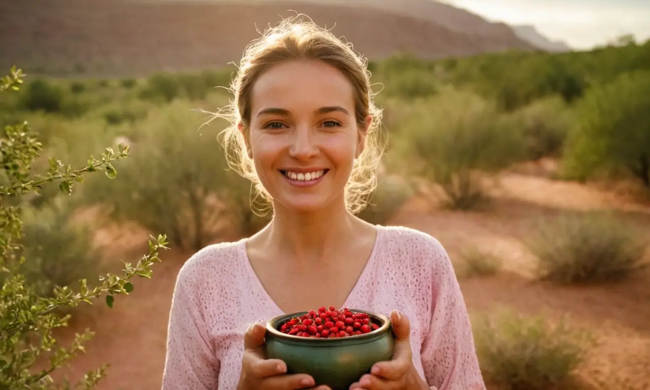 Una anciana radiante en el desierto celebra la belleza del aceite de rosa mosqueta
