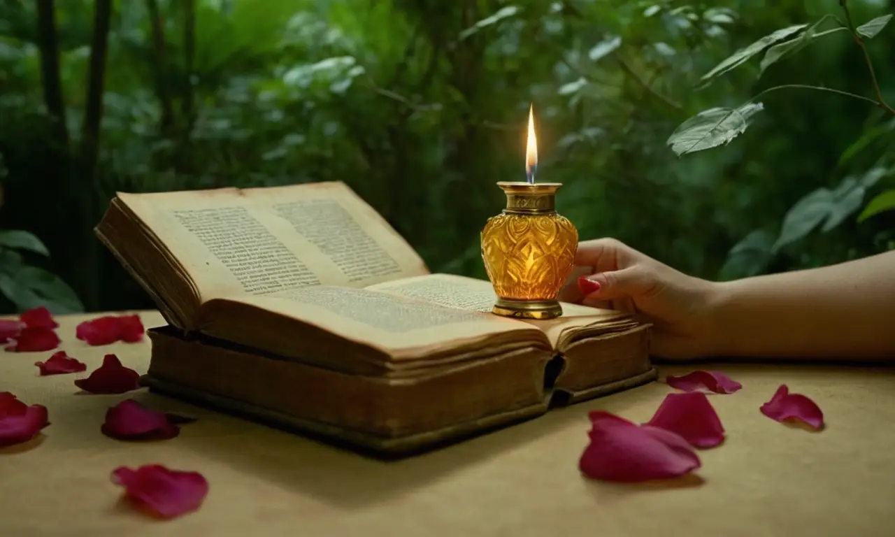 Una mujer con piel radiante escribe símbolos misteriosos en un libro antiguo mientras observa una selva exuberante