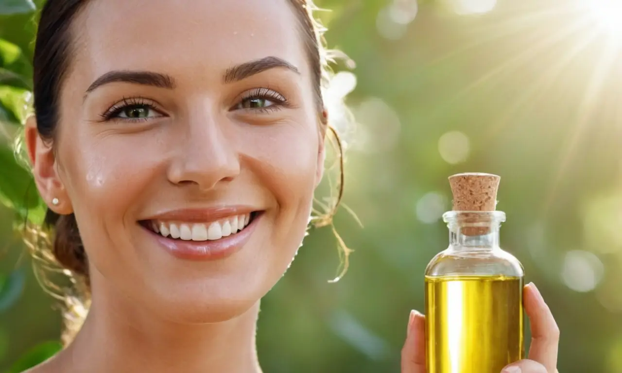 Una mujer radiante disfruta de un día soleado y saludable con aceite de oliva