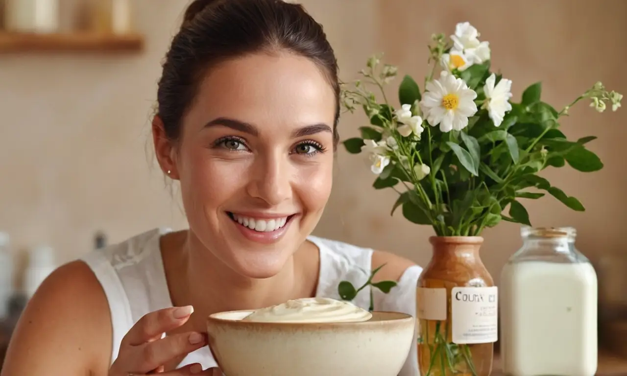 Una mujer radiante aplica un tratamiento facial con ingredientes naturales